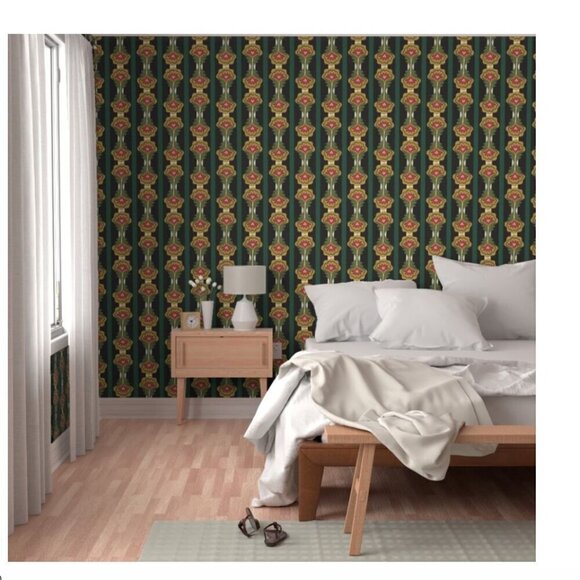 Spoonflower x Dani Dazey Pinstripe Plant - Gold, Green Red Non Pasted Wallpaper - Picture 3 of 6